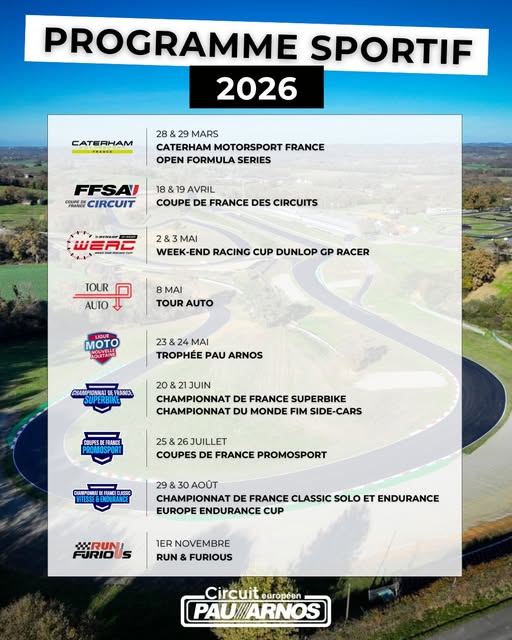 Programme sportif 2026 du circuit de Pau Arnos